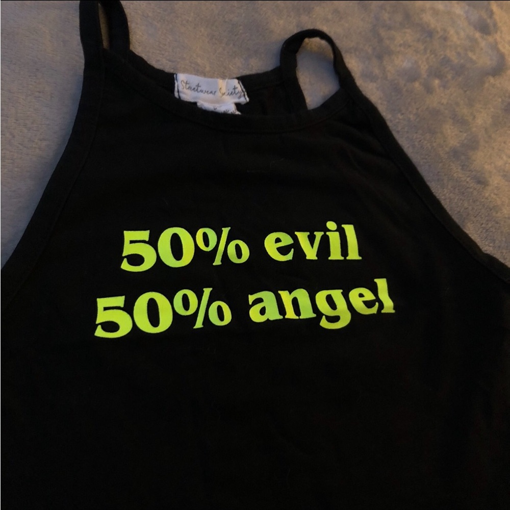 Streetwear Society Black Cotton Neon Graphic Tank Top 50% Evil 50% Angel
